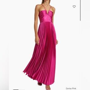 Monique Lhuillier Strapless Pleated Gown in Fuchsia Pink